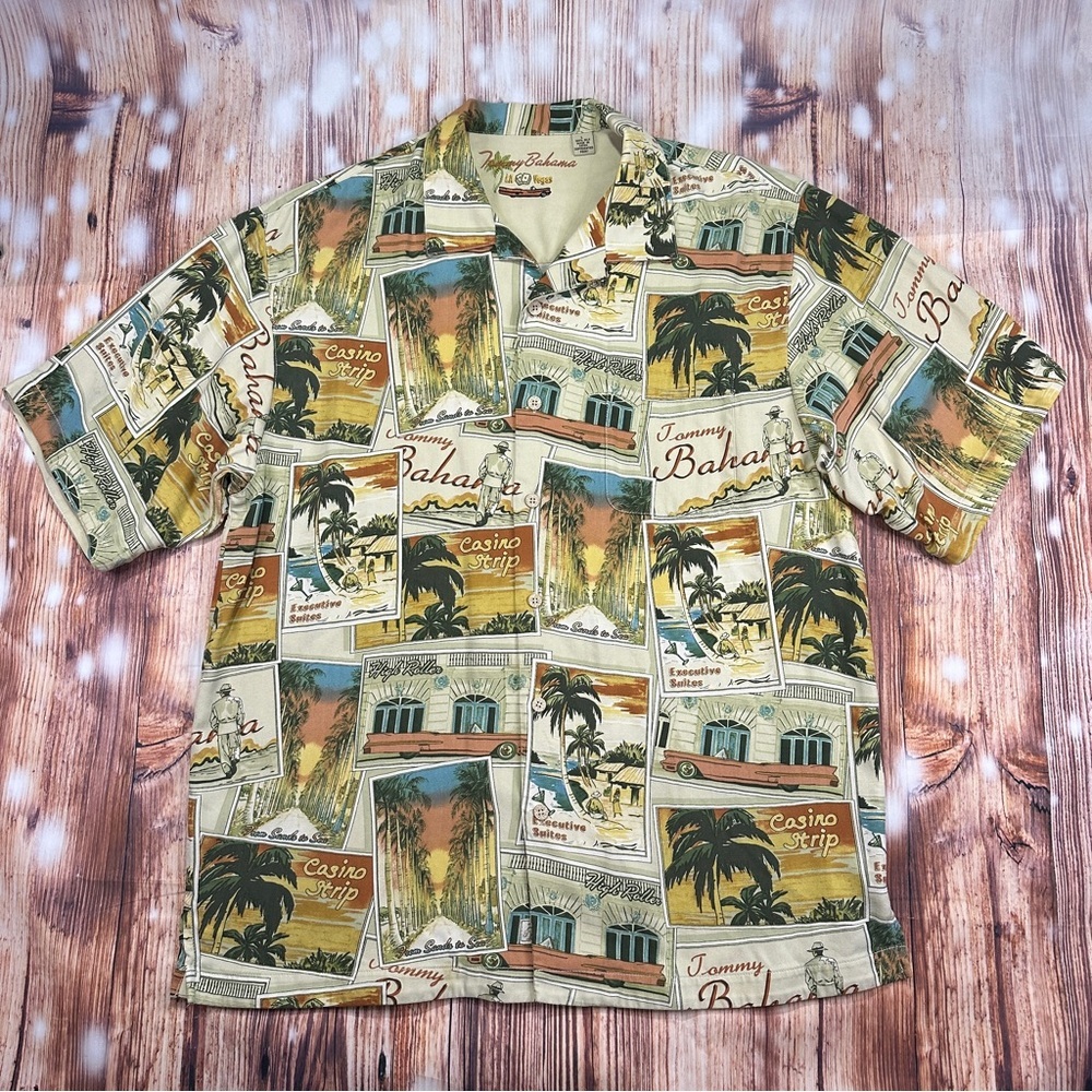 Tommy Bahama Las Vegas Camp Casino High Roller Postcard Men’s Shirt 100% Silk L